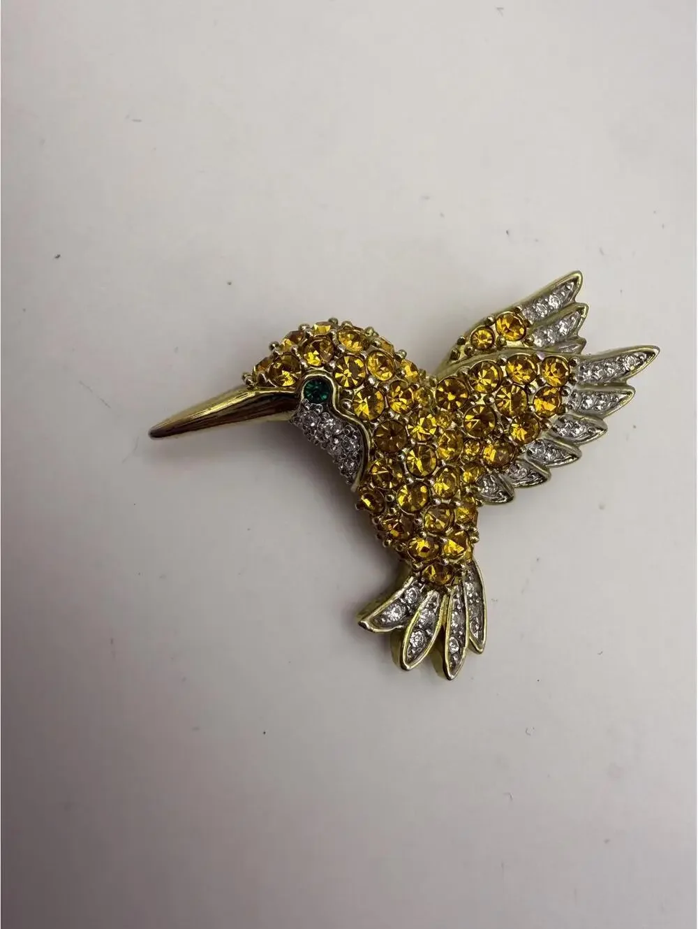 Vintage Hummingbird Brooch with Yellow and Clear Rhinestones